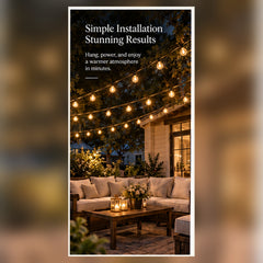 Celeste Solar Globe String Lights styled overhead across an outdoor seating area