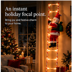 Santa figure on an illuminated candy-striped ladder beside a Christmas tree; styling illustration
