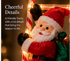 Close-up illustration of the Santa figure, red outfit and candy-striped ladder