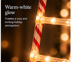 Close-up illustration of warm-white lights along the candy-striped ladder