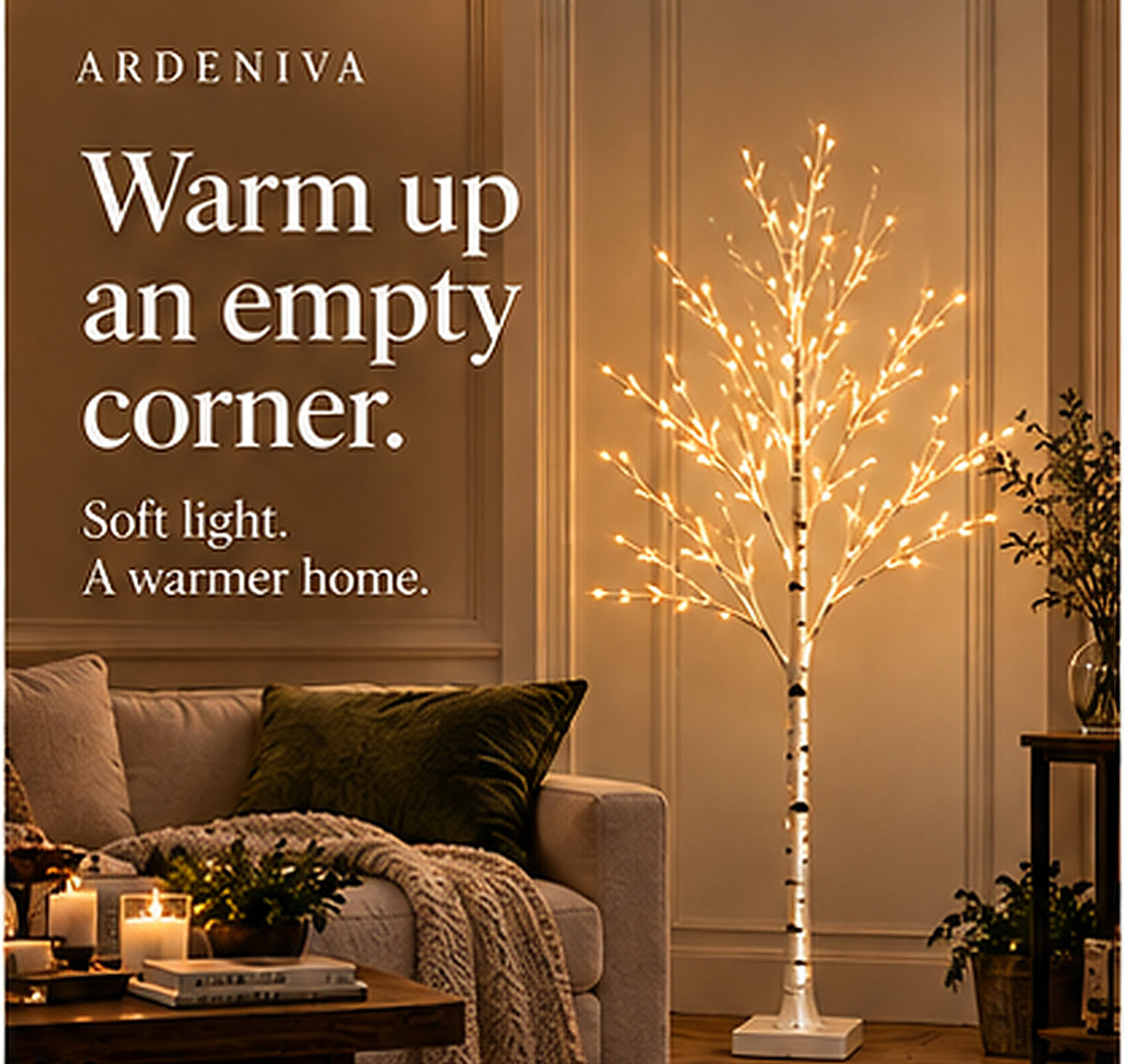 Winter Birch light tree with warm-white branches and a square base beside a sofa; styling illustration