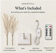 Winter Birch illustrated parts: three tree sections, square base, USB lead with controller and remote