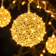 Rattan Glow LED Hanging Globe Lights — detail close-up