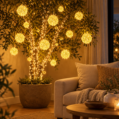 Rattan Glow LED Hanging Globe Lights — in situ at night