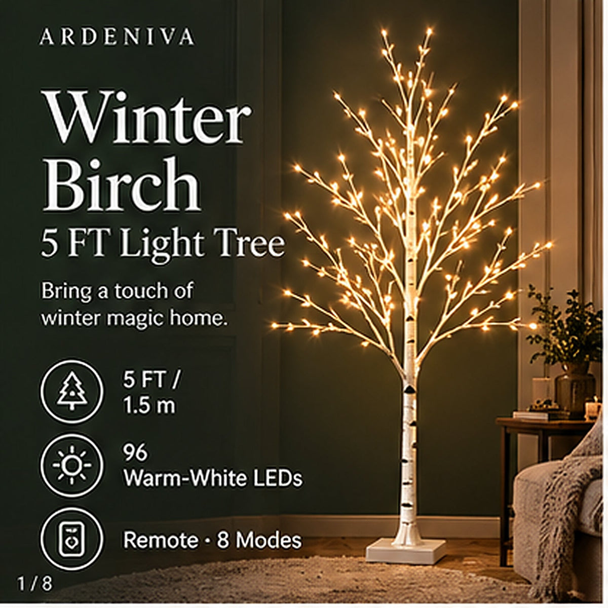 Winter Birch 5 FT Light Tree in a warm indoor setting
