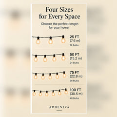 Celeste Plug-In Globe String Lights size guide — 25, 50, 75 and 100 FT options