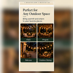 Celeste Plug-In Globe String Lights styling ideas for patio, pergola, balcony and outdoor dining