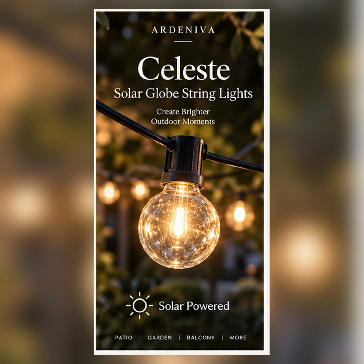Celeste Solar Globe String Lights — solar powered warm globe lights for outdoor ambience