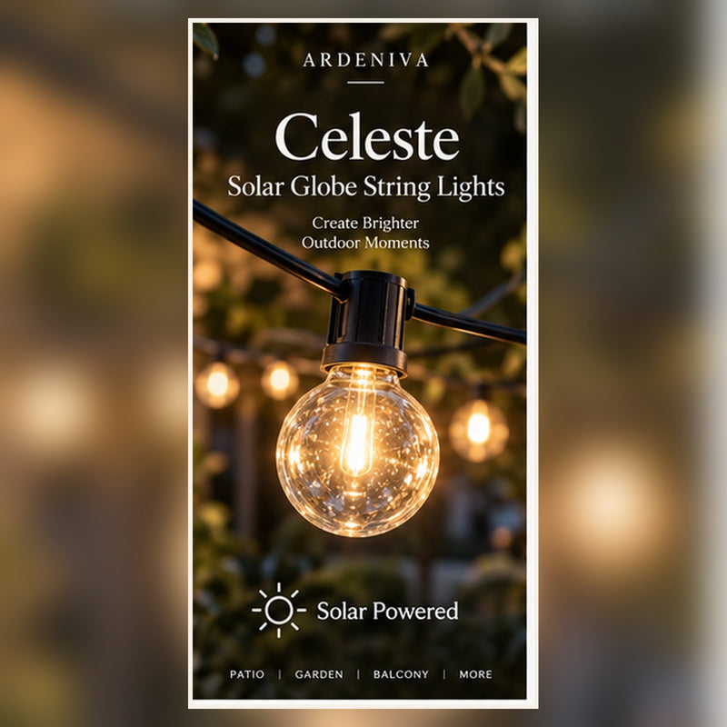 Celeste Solar Globe String Lights — solar powered warm globe lights for outdoor ambience