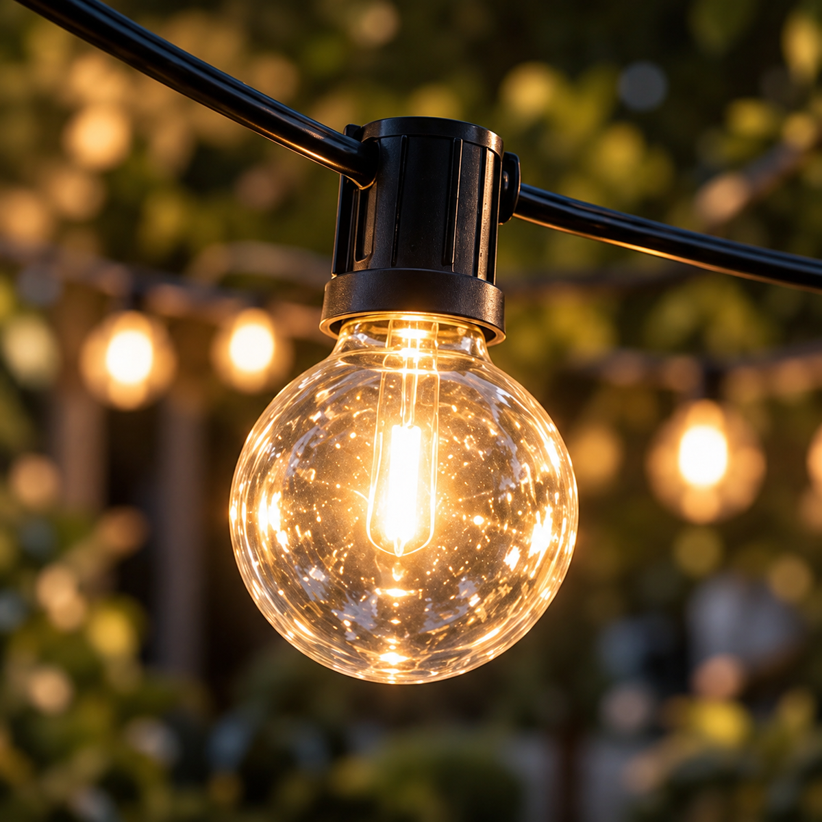 Celeste Solar globe light close-up with black socket and cable against a softly lit garden