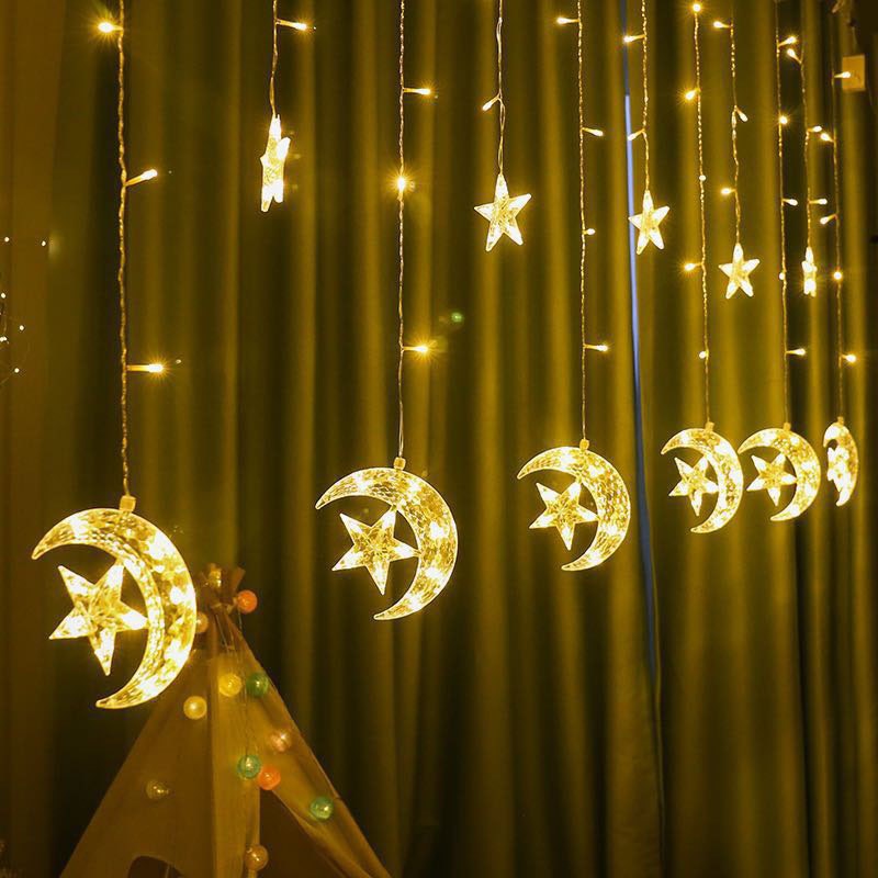 Warm White moon-and-star light curtain; supplier colour reference, power unit not shown