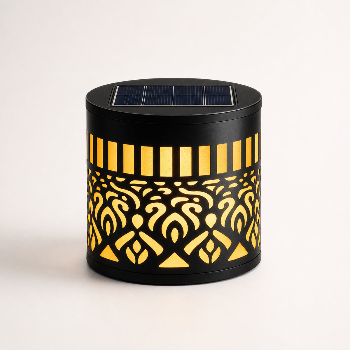Solara Mandala Wall Light — solar-powered decorative wall light with cutout mandala pattern casting a warm patterned glow on an exterior wall